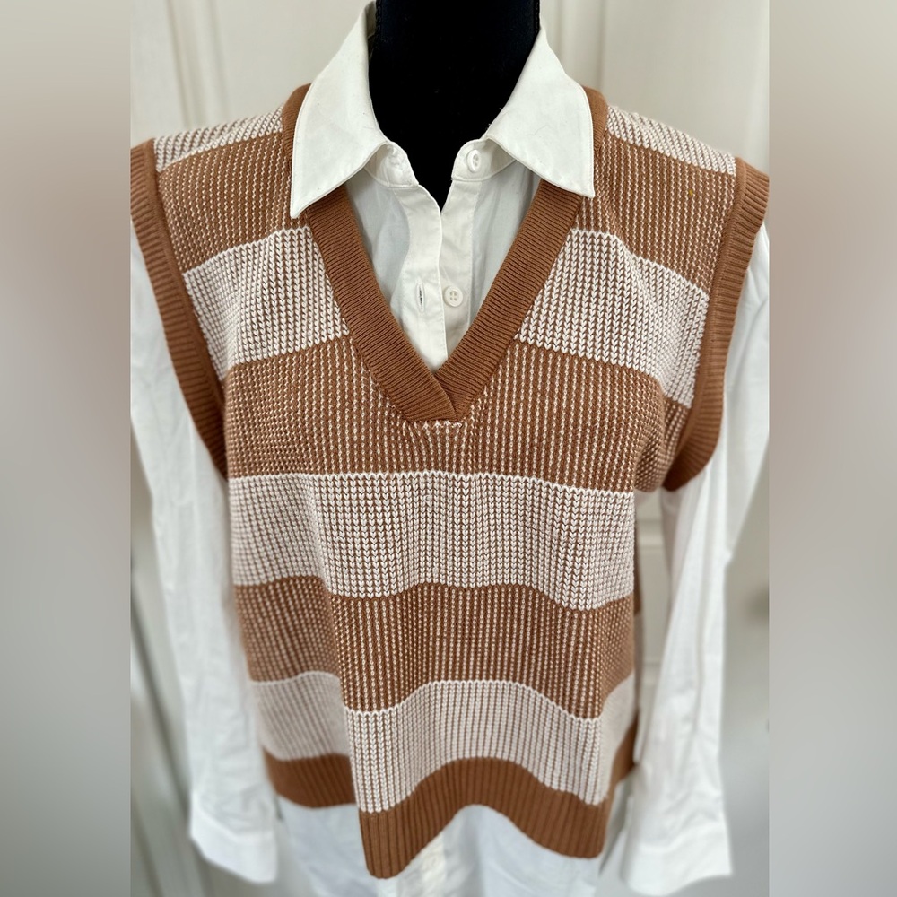 Adrianna Papell Brown and White Striped Sweater Vest White Button Down Combo, M